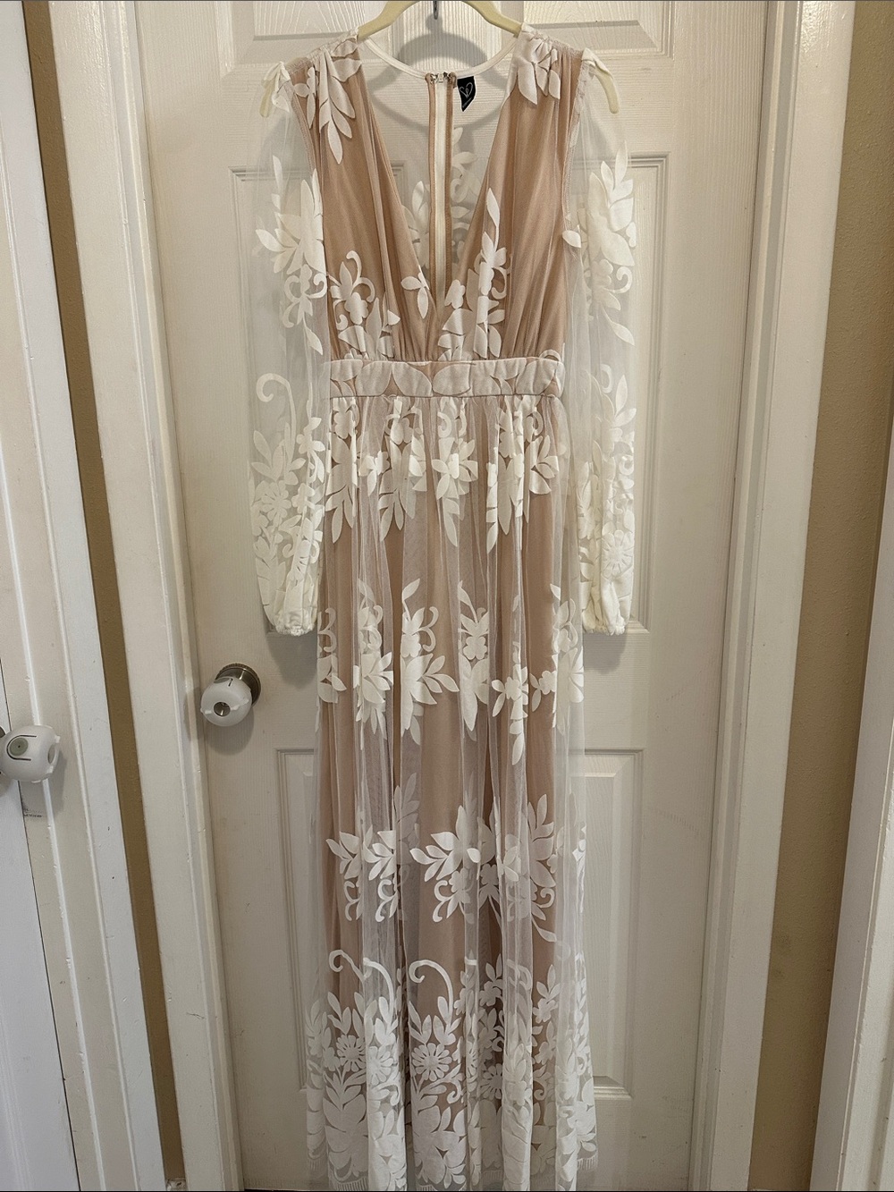 Windsor Nude Maxi Dress with White Floral Lace and Velvet Appliqué